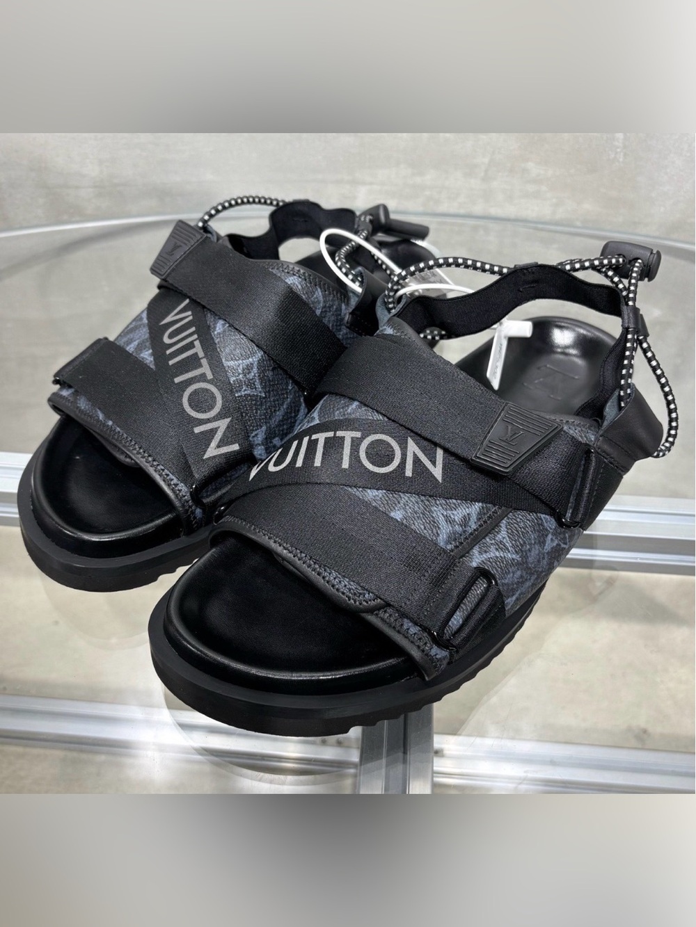 Louis Vuitton Black and Dark Gray Monogram Strap Sandals